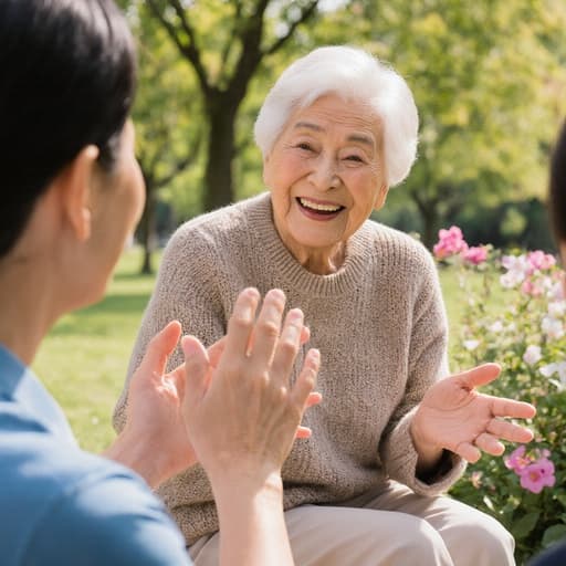 80대 동양인 여성의 반신 촬영으로, 편안한 니트 스웨터와 면 바지를 입고 편안하게 앉아 다리를 뻗고 있습니다. 고마운 표정과 따뜻한 미소를 지으며 가족과 대화하며 손짓으로 소통하고 있습니다. 배경은 화창한 날씨의 공원으로, 나무와 꽃들이 어우러져 있어 고요하고 초대하는 분위기를 만들어냅니다.
