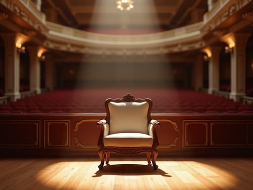 고급스러운 인테리어 의자가 클래식 오케스트라 홀에 있습니다. 광택이 나는 목재 디테일과 부드러운 직물이 있으며 따뜻한 자연광이 비추고 벽의 복잡한 몰딩이 있는 모습입니다. 극적인 심도와 미세한 그림자가 있습니다.