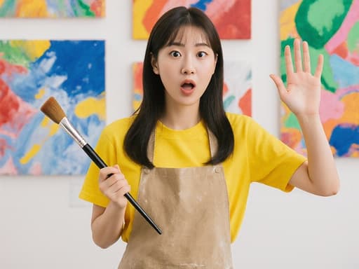 밝은 색상의 티셔츠와 작업용 앞치마를 입은 한국인 10대 후반의 여성이 놀란 표정으로 한 손을 들어 인사하며 다른 손에 붓을 쥐고 있는 모습이 현대적인 예술 갤러리의 다양한 그림들로 꾸며진 배경 속에서 포착되었습니다.