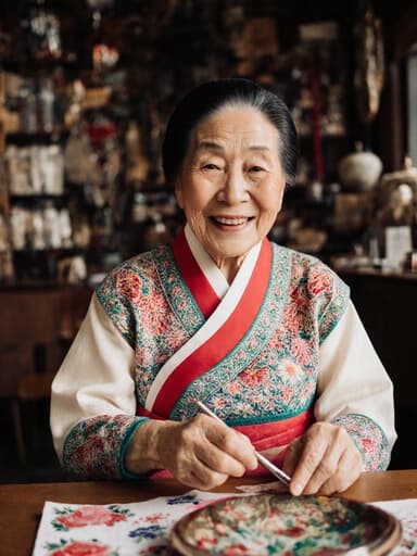 80대 동양인 여성이 화려한 전통 한복을 입고 따뜻하게 미소 지으며 전통 공예 도구를 손에 들고 아늑한 카페에서 전통 공예 작품들이 전시된 모습의 반신 촬영.
