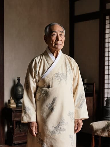 전통 한복을 입은 70대의 고요한 동양인 남성이 따뜻한 조명 아래 전통 가구가 있는 아늑한 거실에서 깊은 생각에 잠긴 모습을 담은 전신 사진입니다.