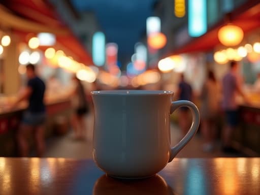 머그컵, 주방용품, 다채로운 조명과 음식 가판대가 있는 활기찬 야시장 거리, 따뜻하고 생동감 넘치며 매력적인