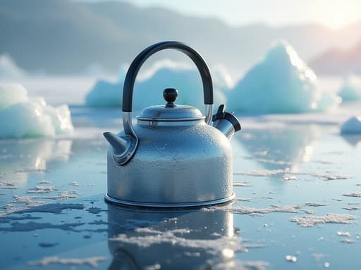 반사된 얼음 표면 위에 놓인 주전자와 복잡한 서리 패턴, 자연광이 장면을 비추며 부드러운 그림자가 깊이를 더하고, 배경에는 맑은 얼음 조각이 있으며, 고요하고 평화로운 겨울 분위기.