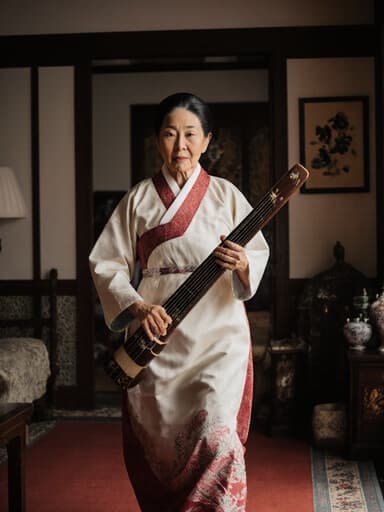 70대 아시아계 여성이 전통 한복을 입고 자연스럽게 달리면서 전통 악기를 들고 있는 모습을 담은 전체 샷입니다. 평온한 표정을 지으며 아늑한 거실에서 전통 장식으로 꾸며진 따뜻하고 초대하는 분위기 속에서 우아한 모습이 강조됩니다.