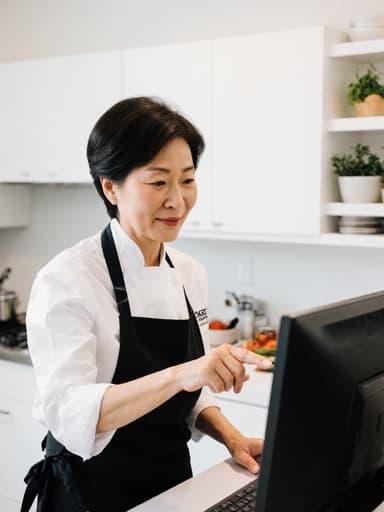 50대 아시아계 여성의 반신 샷으로, 셰프 유니폼과 앞치마를 착용하고 자신감 넘치는 표정을 지으며 조리대 위의 컴퓨터를 사용하고 손가락으로 화면을 가리키고 있습니다. 배경은 다양한 조리 도구와 재료가 정돈된 주방으로, 그녀의 요리 전문성을 강조하는 매력적인 분위기를 연출합니다.