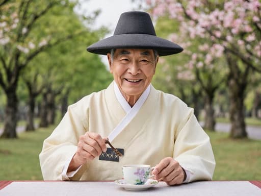 70대의 친근한 한국 남성이 부드러운 파스텔 톤의 전통 한복을 입고 따뜻한 미소를 지으며, 한 손에는 전통 공예 도구를 들고 다른 손으로는 테이블에 놓인 차잔을 가리키고 있습니다. 배경은 푸르고 화려한 꽃들이 있는 아름다운 공원으로, 평화롭고 초대하는 분위기를 만들어냅니다.