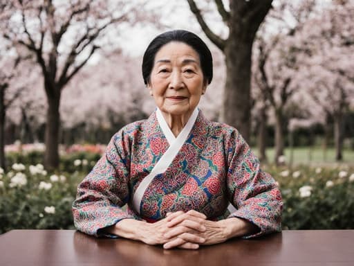 평온한 표정을 짓고 전통 한복을 입은 80대 동양인 여성의 반신 사진. 그녀는 테이블에 앉아 손을 모아 예를 갖추고 있으며, 주변에는 꽃과 나무가 가득한 아름다운 공원이 배경으로 평화로운 분위기를 자아냅니다.