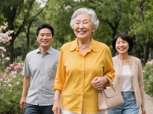 70대 아시아계 여성이 자연스러운 모습으로 가족과 함께 화사한 공원에서 걷고 있습니다. 밝은 색상의 캐주얼 블라우스와 바지를 착용하고 작은 손가방을 들고 있으며, 행복한 미소로 가족과의 유대감을 따뜻하게 표현하고 있습니다.