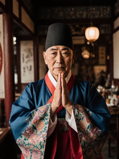 70대 한국인 남성이 전통 한복을 입고, 걱정스러운 표정을 지으며 손으로 인사하는 모습의 반신 촬영. 배경은 전통 건축 양식의 카페 내부로, 따뜻하고 고풍스러운 분위기를 자아냅니다.