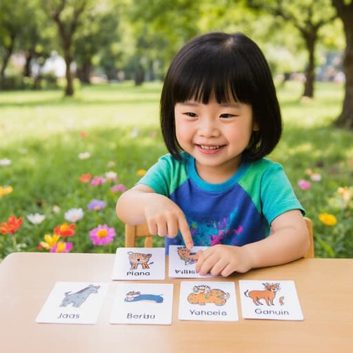 푸르른 공원에 앉아 있는 귀여운 3세 아시아계 여성의 반신 사진. 화사한 색상의 티셔츠와 반바지를 입고, 동물 이름 카드에 손가락을 가리키며 순수한 미소를 짓고 있는 모습. 나무와 꽃들로 둘러싸여 있으며, 자연광이 반사되어 따뜻하고 초대하는 느낌을 줌.