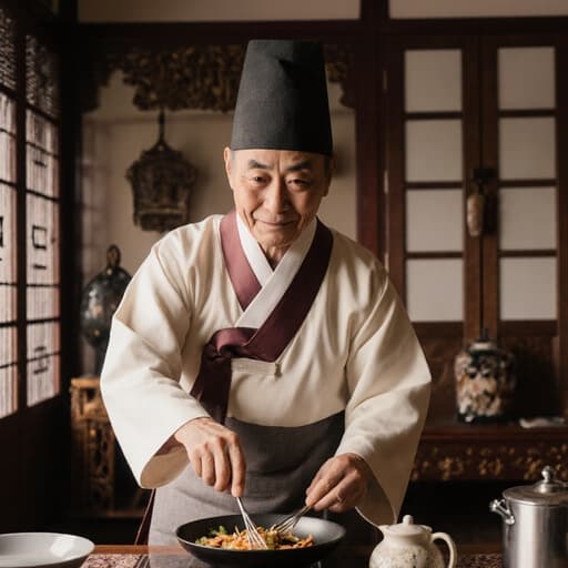 이 이미지는 80대의 혼혈 남성이 전통 한복을 입고 있는 반신 상을 보여줍니다. 그는 전통 음식을 만들면서 고마운 표정을 지으며 기쁘게 점프하고 있고, 아늑한 거실에는 전통 장식이 가득해 문화적인 분위기를 더합니다.