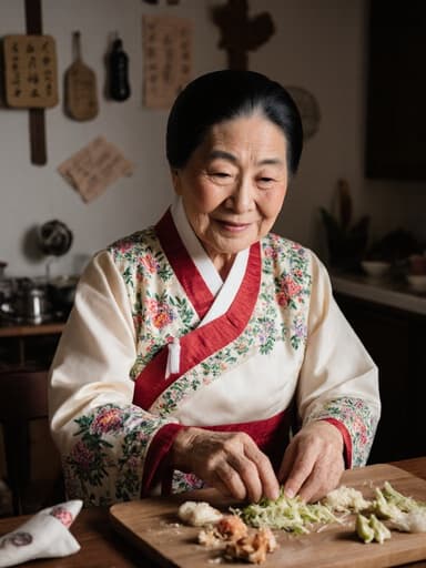 70대 동양인 여성으로, 화려한 자수가 돋보이는 전통적인 한복을 입고 식탁 위의 재료들을 정리하며 음식을 준비하는 모습이 담긴 전통적인 주방의 이미지로, 한지 장식과 조리도구들이 어우러져 편안하고 따뜻한 분위기를 자아냅니다.