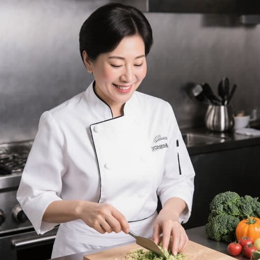 50대 한국인 여성이 흰색 조리복과 앞치마를 착용하고 친근한 미소를 지으며 한 손에 요리 도구를 들고 다른 손으로 재료를 준비하는 모습의 반신 사진. 배경의 현대적인 주방은 다양한 요리 재료와 도구로 가득 차 있어 생동감 넘치고 초대하는 조리 분위기를 만들어냅니다.