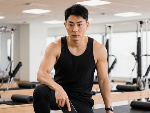 30대 건강한 아시아계 남성이 편안한 필라테스 복장과 운동화를 착용하고 있는 반신 촬영입니다. 한 손으로 전화를 들고 다른 손으로 필라테스 매트를 가리키며 집중하는 표정을 짓고 있는 모습이 밝은 운동 공간에서 필라테스 기구들 사이에 있습니다.