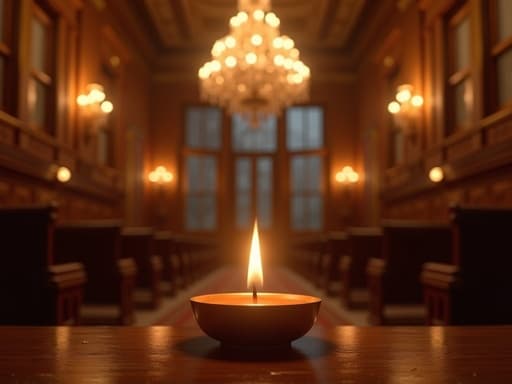 중앙에 위치한 티라이트 캔들, 깜빡이는 불꽃, 주변을 환하게 비추는 따뜻한 빛, 화려한 클래식 오케스트라 홀, 풍부한 목재 패널과 호화로운 샹들리에가 있는 공간, 부드러운 그림자가 깊이를 만드는 모습, 대형 창문에서 들어오는 자연광, 따뜻하고 초대하는 우아한 분위기.