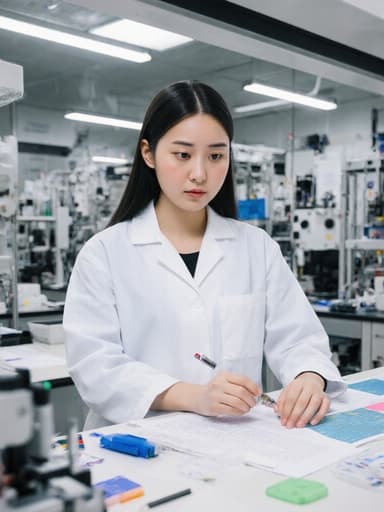 최첨단 연구소에서 연구 자료를 살펴보며 고민하는 표정을 짓고 있는 10대 초반 한국인 여성의 반신 사진. 그녀는 실험복을 입고 있으며, 다양한 실험 도구와 장비가 배치된 환경 속에 있다.