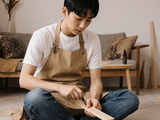 자연스러운 외모를 가진 10대 후반의 아시아계 남성이 아늑한 거실에 앉아 있습니다. 그는 캐주얼한 티셔츠와 청바지, 작업을 위한 앞치마를 착용하고 있습니다. 활기차고 자신감 넘치는 표정을 지으며 한 손에 나무 조각을 잡고 다른 손으로 도구를 사용하고 있습니다. 거실은 나무 가구와 공예 작품으로 장식되어 있어 그의 활동을 강조하는 아늑한 분위기를 만들어냅니다.