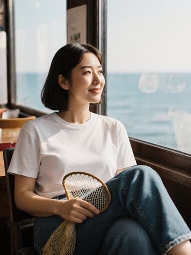 30대 동양인 여성이 편안한 티셔츠와 청바지를 입고 다리를 뻗고 앉아 있는 반신 사진입니다. 그녀는 어망을 손에 쥐고 부드럽게 미소를 지으며, 바다 근처의 아늑한 카페가 배경에 있어 창문을 통해 아름다운 바다 풍경이 보이며, 편안하고 여유로운 분위기를 자아냅니다.