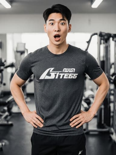 20대 동양인 남성이 건강하고 활기찬 모습으로, 세련된 운동복과 러닝화를 착용한 전신 샷입니다. 헬스 브랜드 로고가 새겨진 티셔츠를 입고, 손을 허리에 대고 자신감 있게 서 있습니다. 놀란 표정으로 눈을 크게 뜨고 입을 약간 벌리고 있어 흥미로운 감정을 전달합니다. 배경은 다양한 운동 기구와 거울이 있는 깔끔한 트레이닝룸으로, 피트니스 분위기를 강조합니다. 자연스럽고 생기 있는 조명이 모델의 역동적인 자세와 장면의 에너지를 강조합니다.