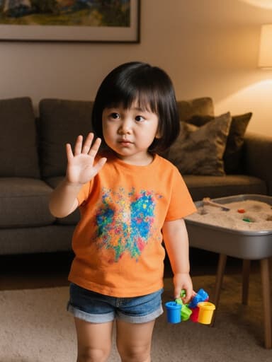밝은 색상의 티셔츠와 반바지를 입은 귀여운 3세 동양인 여아가 따뜻한 거실에서 모래놀이 도구를 들고 인사하는 모습의 반신 사진. 살짝 지루해 보이는 표정이 아이의 놀이 시간을 즐거움과 대조를 이루고 있습니다.