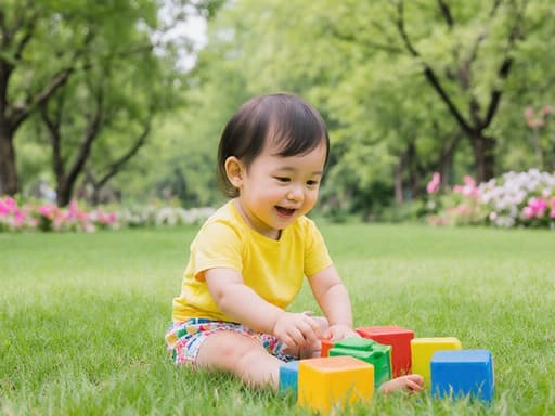 화사한 색상의 티셔츠와 편안한 반바지를 입고, 푸르른 공원에 앉아 있는 귀여운 외모의 1세 동양인 여성의 반신 사진입니다. 그녀는 귀여운 웃음을 지으며, 손에 장난감 블록을 가지고 놀고 있습니다. 배경은 나무와 꽃들로 가득한 평화로운 풍경으로, 이미지의 즐거운 분위기를 강조합니다.