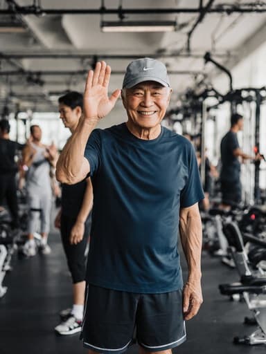 건강한 외모를 가진 60대 동양인 남성이 운동복을 입고, 다양한 운동 기구와 다른 운동선수들이 있는 훈련장에서 친근하게 손을 흔들며 활기차고 자신감 넘치는 모습을 보여줍니다.