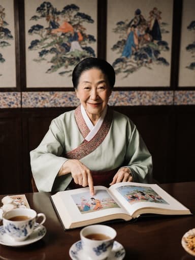 자연스러운 외모의 70세 한국인 여성이 전통 한복을 입고 반신 촬영된 모습입니다. 그녀는 회의실 테이블에 앉아 전통 이야기를 담은 책을 가리키며 만족스러운 표정을 짓고 있습니다. 배경에는 전통 한국 문양이 장식된 벽이 있고, 차와 다과가 놓인 테이블이 따뜻한 분위기를 만들어냅니다.