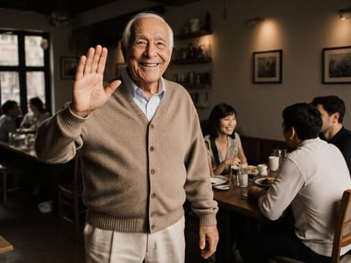 80대 혼혈 남성이 편안한 카디건과 면바지를 입고 가족에게 손을 흔들며 인사하는 모습이 담긴 아늑한 카페의 반신 촬영 이미지로, 따뜻함과 화합이 느껴진다.