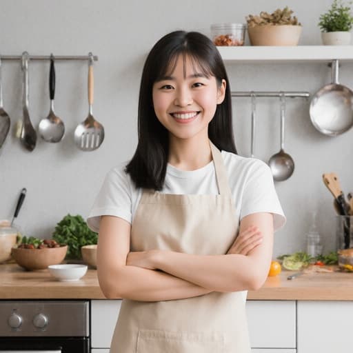 10대 초반 아시아계 여성, 편안한 티셔츠와 주방용 앞치마를 착용하고, 깔끔한 주방 조리대에서 활기찬 미소를 지으며 팔짱을 끼고 있습니다. 배경에는 다양한 조리 도구가 있어 따뜻하고 초대하는 분위기를 자아냅니다.