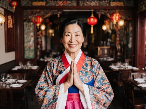 80대 혼혈 여성의 반신 사진으로, 자연스러운 외모를 가진 그녀는 다채로운 색상과 화려한 문양이 돋보이는 전통 한복을 입고 있습니다. 편안하고 따뜻한 미소를 지으며 가슴 앞에 손을 모으고 인사하는 자세를 취하고 있습니다. 배경에는 전통 축제를 맞아 화려하게 장식된 카페 내부가 보이며, 축제 분위기로 생동감 넘치는 모습을 연출하고 있습니다.