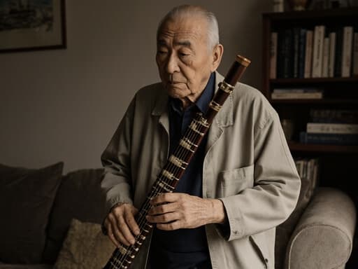 이 이미지는 아늑한 거실에서 편안한 복장을 한 80세 한국인 남성이 악기를 들고 천천히 걷는 모습을 보여줍니다. 자연스러운 외모와 무관심한 표정은 편안한 연주 순간을 강조하며, 소파와 책장이 있는 따뜻한 배경이 더해져 있습니다.