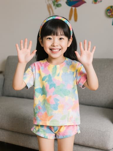 7세 한국인 소녀가 귀엽고 밝은 표정으로 반신 촬영된 모습입니다. 화려한 티셔츠와 반바지, 귀여운 머리띠를 착용하고 있으며, 활발하게 두 손을 흔들며 인사하는 자세를 취하고 있습니다. 아늑한 거실 배경에 장식된 벽과 편안한 소파가 있는 따뜻하고 즐거운 분위기를 전달하고 있습니다.