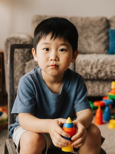 7세 동양인 남성이 귀여운 외모로 아늑한 거실에 앉아 있는 반신 사진입니다. 그는 편안한 티셔츠와 반바지를 입고, 모래놀이 장난감을 손에 쥐고 있으며, 배고픈 듯 찡그린 표정으로 의자에 몸을 앞으로 기울이고 있습니다. 주변에는 장난감과 소파가 있어 따뜻하고 놀이가 가득한 분위기를 만들어냅니다.