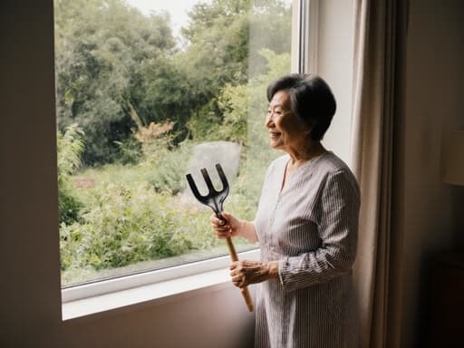 70대 동양인 여성이 편안한 원피스를 입고 작은 정원용 도구를 들고 미소를 지으며 아늑한 거실의 큰 창문을 통해 화려한 정원을 바라보는 모습으로, 평온하고 즐거운 정원 가꾸기 경험을 담고 있습니다.