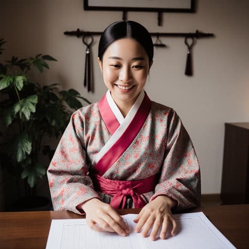 밝은 패턴의 한복을 입은 젊은 아시아 소녀가 아늑한 진료실에 앉아 차트를 살펴보며 자연스럽게 미소 짓고 있습니다. 전통적인 치료 도구와 푸르른 식물들이 주변을 둘러싸고 있습니다.