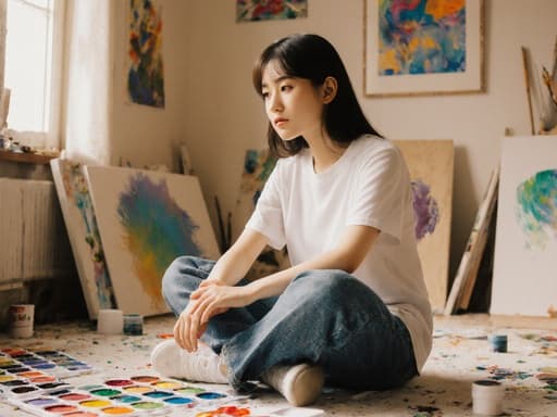 초등학생 나이의 한국인 소녀가 화실에서 편안하게 청바지와 티셔츠를 입고 크로스 레그로 앉아 다양한 색상의 물감을 바라보며 생각에 잠겨 있습니다. 따뜻한 햇살이 비추는 이 공간에는 여러 개의 그림과 캔버스가 걸려 있어 창의적인 분위기를 만들어냅니다.