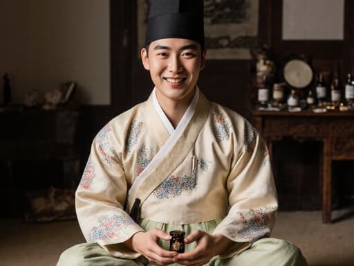 20대 아시아계 남성이 자신감 넘치는 미소를 지으며 전통적인 한복을 입고 크로스 레그로 앉아 있는 반신상 사진입니다. 아늑한 침실 배경은 전통적인 요소로 가득 차 있으며, 그의 손에는 전통 한방 약재가 들려 있습니다. 한쪽에는 한방 약재와 관련된 도구들이 정리되어 있어 따뜻하고 매력적인 분위기를 자아내며 문화적 풍요로움을 반영합니다.