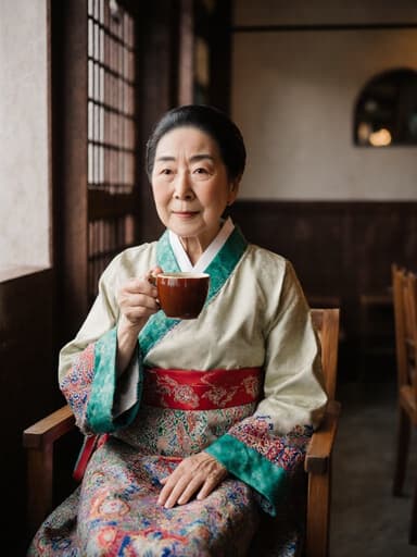 아늑한 카페 환경에서 전통 한복을 입은 70대 한국인 여성의 반신 사진. 그녀는 차를 들고 무관심한 표정을 짓고 있으며, 따뜻한 전통 장식이 있는 배경이 아늑한 분위기를 더하고 있습니다.
