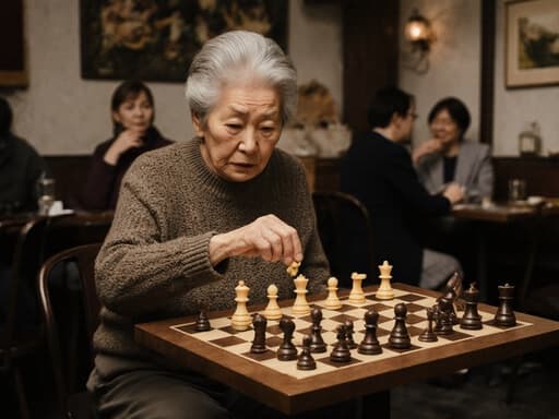 아늑한 카페에서 편안한 니트 스웨터와 바지를 입은 80세 아시아계 여성이 체스판을 걱정스럽게 바라보며 체스 말 위에 손을 올리고 있는 모습입니다. 주변에는 다른 손님들이 있어 따뜻하고 초대하는 분위기를 자아내며, 그녀의 사려 깊은 태도와 완벽하게 어울립니다.