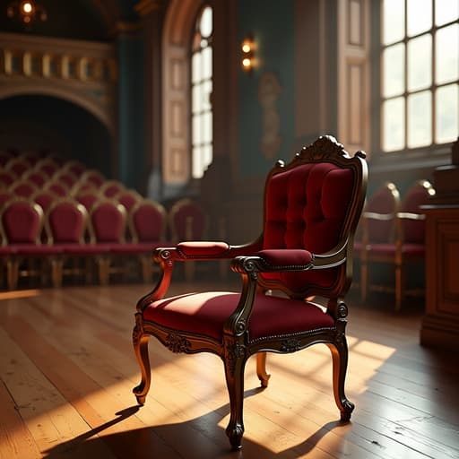 클래식 오케스트라 홀이 있는 화려한 인테리어 의자, 우아하고 세련된 분위기.