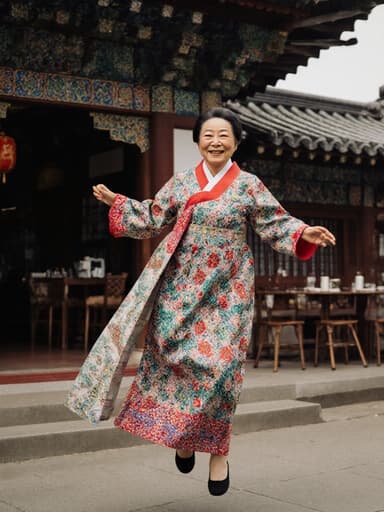 화려한 전통 한복을 입은 80세 혼혈 여성이 고풍스러운 건축양식의 카페 앞에서 즐거운 표정으로 점프하고 있습니다. 그녀의 만족스러운 미소와 함께 화려한 패턴이 어우러져 역사적인 배경과 조화를 이루며 문화적 축제의 순간을 포착하고 있습니다.