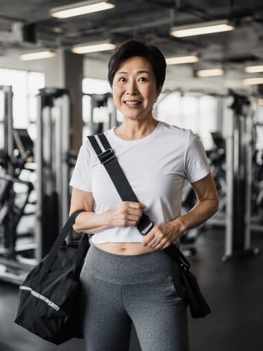 40대의 건강하고 활기찬 외모를 가진 동양인 여성이 편안한 운동복을 입고 현대적인 체육관에서 서 있습니다. 그녀는 어깨에 운동 가방을 메고 있으며, 놀란 표정으로 주위를 둘러보고 있습니다. 다양한 운동 기구와 밝은 조명이 어우러진 환경이 그녀의 활기찬 라이프스타일을 강조합니다.