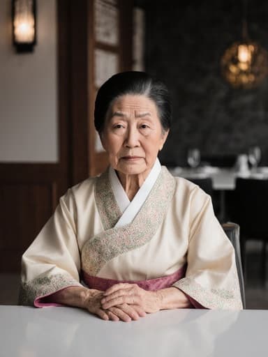 전통 한복을 입고 걱정스러운 표정을 짓고 있는 80대 아시아계 여성의 반신 사진입니다. 그녀는 카페 테이블에 손을 얹고 있으며, 배경은 전통적인 요소가 가미된 현대적인 카페 풍경으로 초대하는 분위기를 만들어 냅니다.