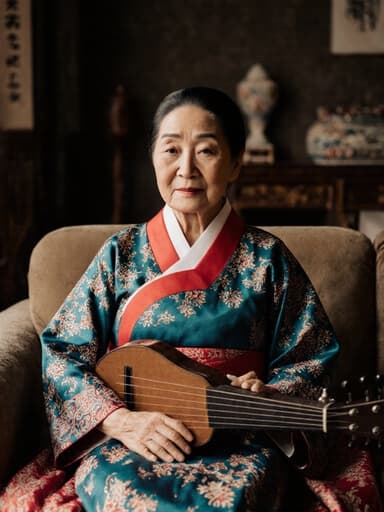 전통적인 소파에 앉아 있는 80대 혼혈 여성의 반신 샷. 그녀는 한복을 입고 있으며, 전통 소품으로 꾸며진 아늑한 거실에서 전통 악기를 들고 있습니다. 그녀의 부드럽고 외로운 표정이 이미지에 감정적인 깊이를 더하고 있습니다.