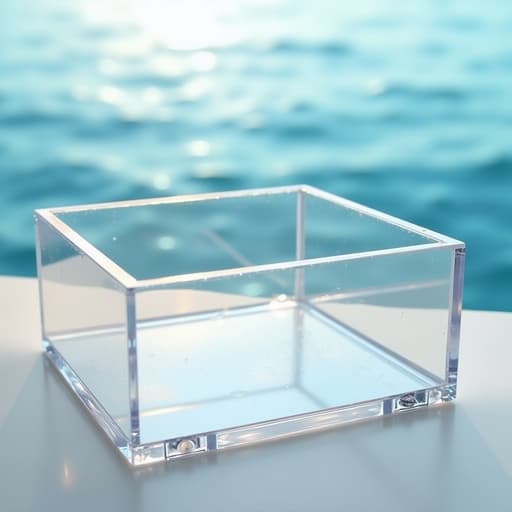 여름의 푸른 바다 배경에 있는 투명 아크릴 정리함, 부드러운 파도가 있는 평화로운 분위기를 연출합니다.