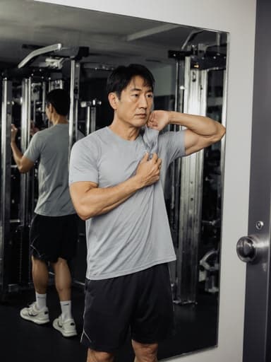 40대 건강한 한국 남성이 캐주얼한 운동복을 입고 거울 앞에서 상의를 조정하고 있는 반신 사진입니다. 그의 표정은 무관심하게 보이며 약간의 피곤함이 느껴지고, 활기찬 체육관의 분위기가 피트니스에 대한 집중을 강조합니다.