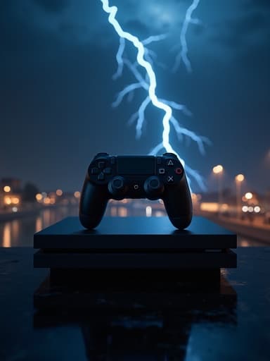 게임 콘솔, 번개가 치는 밤하늘, 우울하고 강렬한