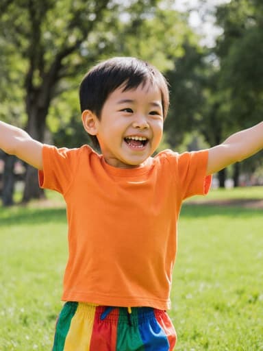 밝은 색상의 티셔츠와 반바지를 입은 3세 남성 동양인이 푸른 잔디와 나무가 있는 공원에서 양팔을 벌리며 스트레칭하고 있는 모습으로, 행복과 에너지를 발산하고 있습니다.