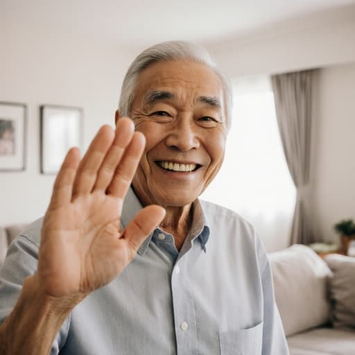 60대 동양인 남성이 편안한 홈웨어를 입고 밝게 웃으며 손을 흔들며 인사하는 반신 사진입니다. 배경은 깔끔하게 정돈된 거실로, 초대하는 분위기를 더하며 쾌적하고 깨끗한 환경을 보여줍니다.