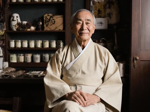 60대의 친근한 동양인 남성이 부드러운 색상의 한복을 입고 전통 한방 상담실에 앉아 있으며, 한방 약재와 도구가 진열된 배경에서 자연스럽게 미소를 짓고 있습니다.